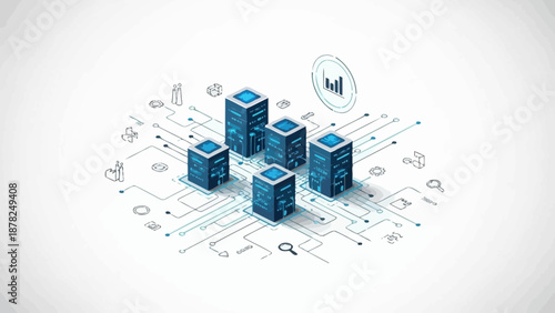 Isometric illustration of data servers connected in a network with various technology icons, representing data management, cloud computing, and IT infrastructure.