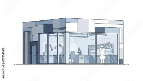 Modern laboratory building with glass walls and robotic arms, showcasing advanced scientific research.