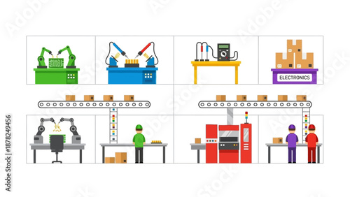 Illustration of an automated assembly line in a modern factory setting with robotic arms and conveyor belts.