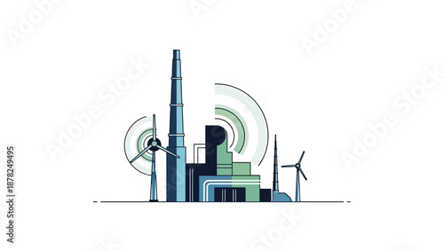 Illustration of an industrial complex with a factory, smokestack, and wind turbines, representing energy production and sustainability.