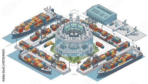 Isometric illustration of a global logistics and transportation hub with ships, trains, trucks, and planes moving containers around a central building.