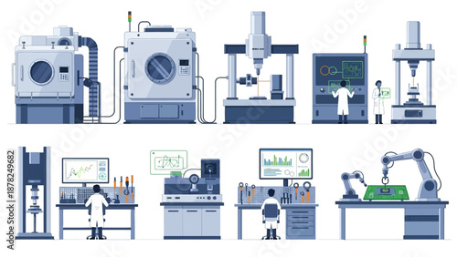 A collection of industrial and scientific laboratory equipment with engineers and technicians working on various research and manufacturing processes.