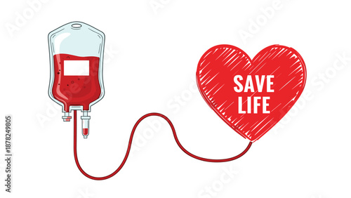 Blood donation concept featuring a full blood bag connected by a tube to a red heart with the text save life for medical charity posters.