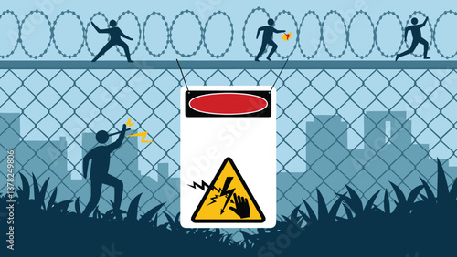 Dangerous high voltage warning sign placed in front of a high security fence with barbed wire and human silhouettes in an industrial zone.