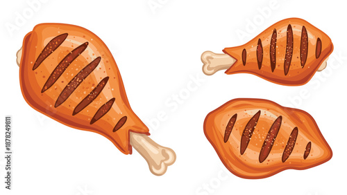 Three delicious grilled chicken drumsticks with dark sear marks and spices isolated on white for food menu and barbecue restaurant concepts.