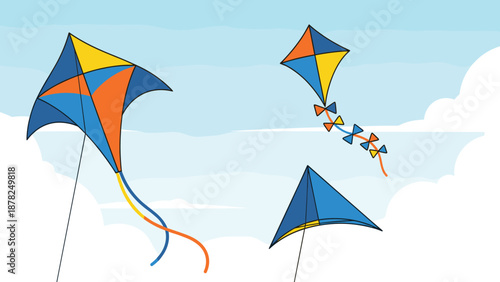 Colorful kites with long tails flying high in a bright blue sky filled with soft white clouds on a windy day for outdoor leisure activities.