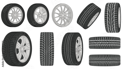 Collection of high performance car wheels and tires shown from various angles and perspectives for automotive industry and tire shop usage.