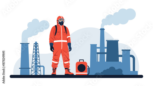 Industrial safety scene featuring a worker in a bright orange hazmat suit and mask standing in front of a polluting factory background.