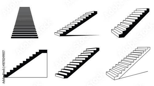 Collection of six stylized staircase and steps icons presented in various perspectives including silhouettes and line art designs for graphic use.