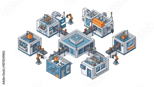 Isometric illustration of an automated smart factory with interconnected industrial buildings, conveyor belts, and robotic arms for modern manufacturing.