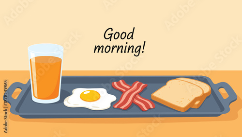 Delicious morning breakfast meal illustration featuring a glass of orange juice, fried egg, crispy bacon, and toast served on a blue tray.