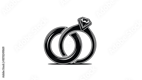 Elegant interlocking wedding and engagement rings icon featuring a prominent diamond design in a bold black and white graphic illustration style.