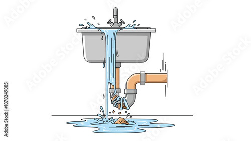 Kitchen sink plumbing problem illustration showing a clogged pipe leaking water and an overflowing basin creating a mess in a domestic setting.