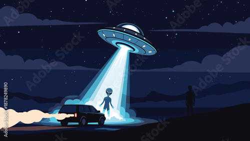 Pixel art illustration of a nighttime alien abduction scene featuring a flying saucer with a bright light beam over a car and a dark silhouette.