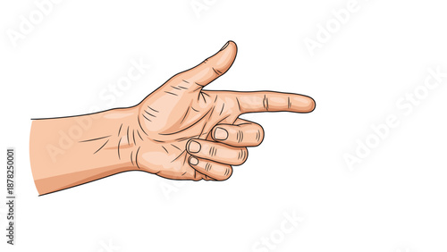 Human hand gesture illustration with the index finger pointing forward and thumb up in a classic gun or directional pointing sign.