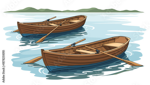 Peaceful landscape featuring two traditional wooden rowboats with oars floating on a calm lake with soft mountains in the background.