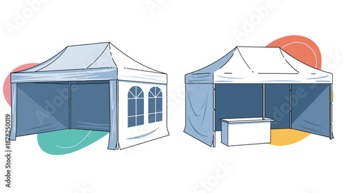 Commercial event tent set featuring a large white canopy with windows and another version including a service counter for outdoor use.