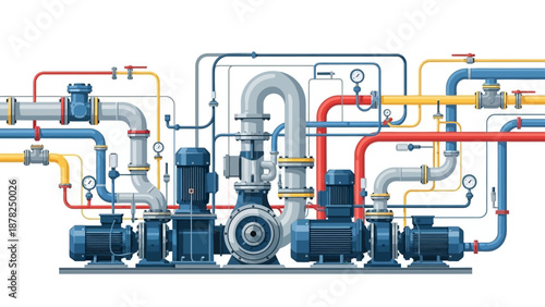 A detailed illustration of an industrial piping system with multiple pumps, valves, and interconnected colorful pipelines on a white background.