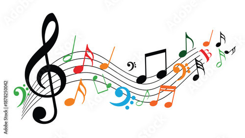 Vibrant musical composition graphic featuring colorful notes and symbols like clefs and rests floating across a flowing staff line.