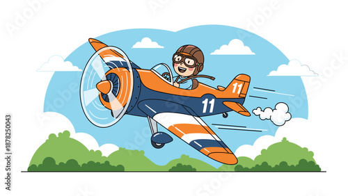 Happy young boy pilot character flying a colorful orange and blue propeller airplane through a cloudy sky with green hills below.