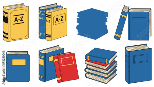 Educational book icon collection featuring various styles including single volumes, stacks, silhouettes, and a dictionary with A-Z letters.