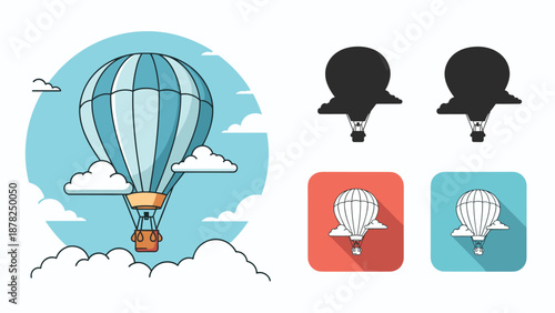 Hot air balloon graphic set showing a detailed blue striped balloon flying in a cloudy sky with various icons and silhouettes.