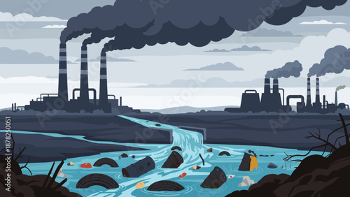 Environmental impact scene showing an industrial plant with heavy smoke emissions and a polluted waterway filled with garbage and barrels.