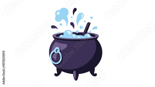 Magical witch cauldron illustration featuring a dark purple pot bubbling with mysterious blue potion and rising steam on a plain background.