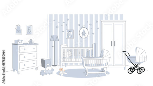 Charming baby nursery interior design illustration showing a crib, stroller, wardrobe, and dresser in a soft blue and white color scheme.