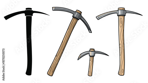 Mining pickaxe tool set including a dark silhouette and three detailed versions with wooden handles and metal heads in different angles.