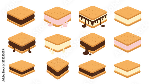 Sweet dessert collection featuring twelve different ice cream sandwiches and s'mores with chocolate, vanilla, and strawberry fillings.