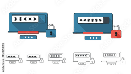 Cyber security and password protection graphics featuring digital entry fields, padlocks, and hidden characters for secure data concepts.