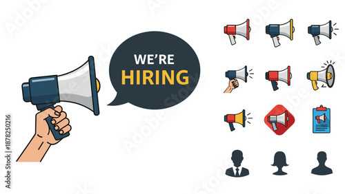 Diverse collection of megaphone and speaker icons with a main graphic announcing recruitment with text saying We are Hiring.