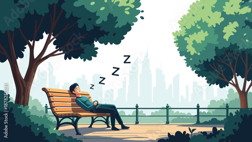 Young man taking a nap on a wooden park bench with a city skyline in the background surrounded by lush green trees.