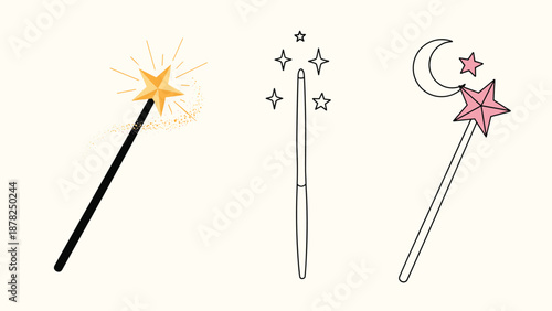 Set of three different magic wands with stars and sparkles including a classic black wand and fairy style wands.