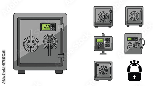 Large metal safe box with a digital combination lock surrounded by various security and storage related icons and symbols.