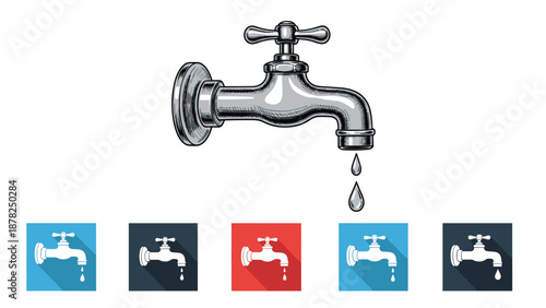 Detailed drawing of a metallic water tap with falling drops of water shown alongside different colored square icons of the same tap.