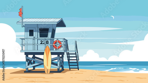 Classic wooden lifeguard tower standing on a sandy beach under a blue sky with a surfboard and a lifebuoy ring nearby.