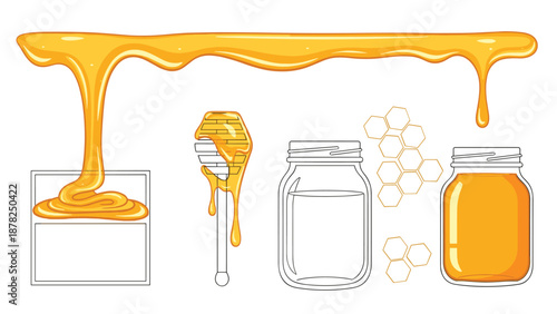 Fresh golden honey dripping from a wooden dipper and filling glass jars with detailed honeycomb patterns on a white background.