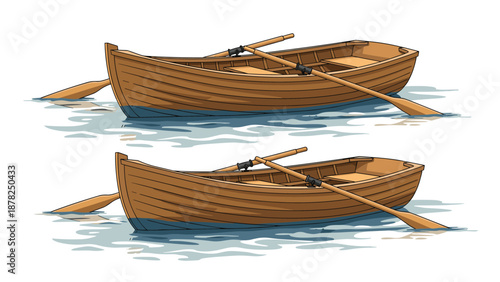 Pair of simple wooden rowboats floating on calm water with oars extending from the sides on a plain white background.