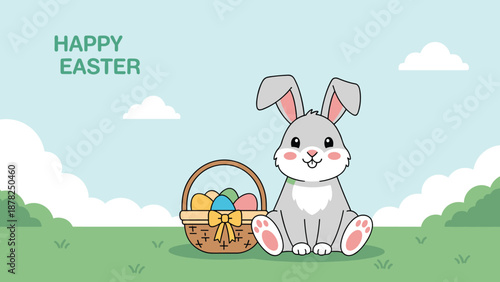 Cute grey Easter bunny sitting next to a wicker basket filled with colorful painted eggs in a grassy field under a blue sky.