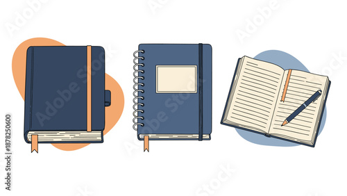 Set of three different dark blue notebooks including a classic journal, a spiral-bound book, and an open lined notebook with a pen.