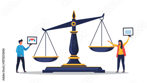 Two people standing next to a large scale of justice balancing a digital email message against a blank text bubble.
