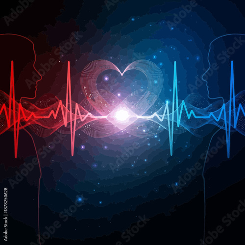 Abstract heart connection with pulse lines and silhouettes