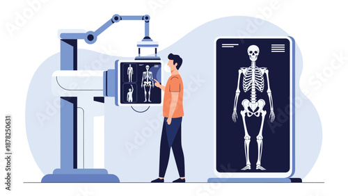 Man in an orange shirt standing in a medical lab observing a detailed digital skeletal body scan on a large screen.