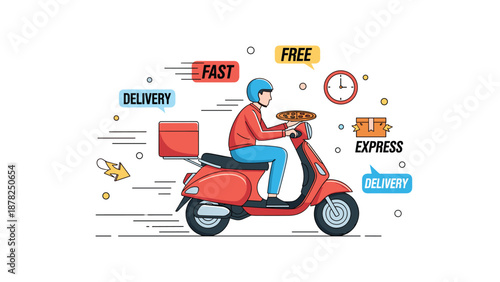 Delivery man on a red scooter carrying a hot pizza box with various marketing tags like Fast, Free, and Express Delivery around him.