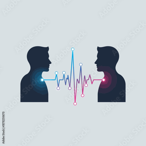 Communication concept, sound waves between two people profiles