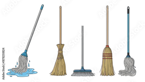 Cleaning equipment set featuring various mops and brooms with a puddle of blue water on a clean white background.