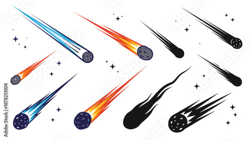 Collection of colorful comets and asteroids with fiery tails falling through a starry space background in night.