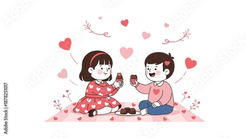 Adorable children sharing cupcakes surrounded by whimsical hearts and floral